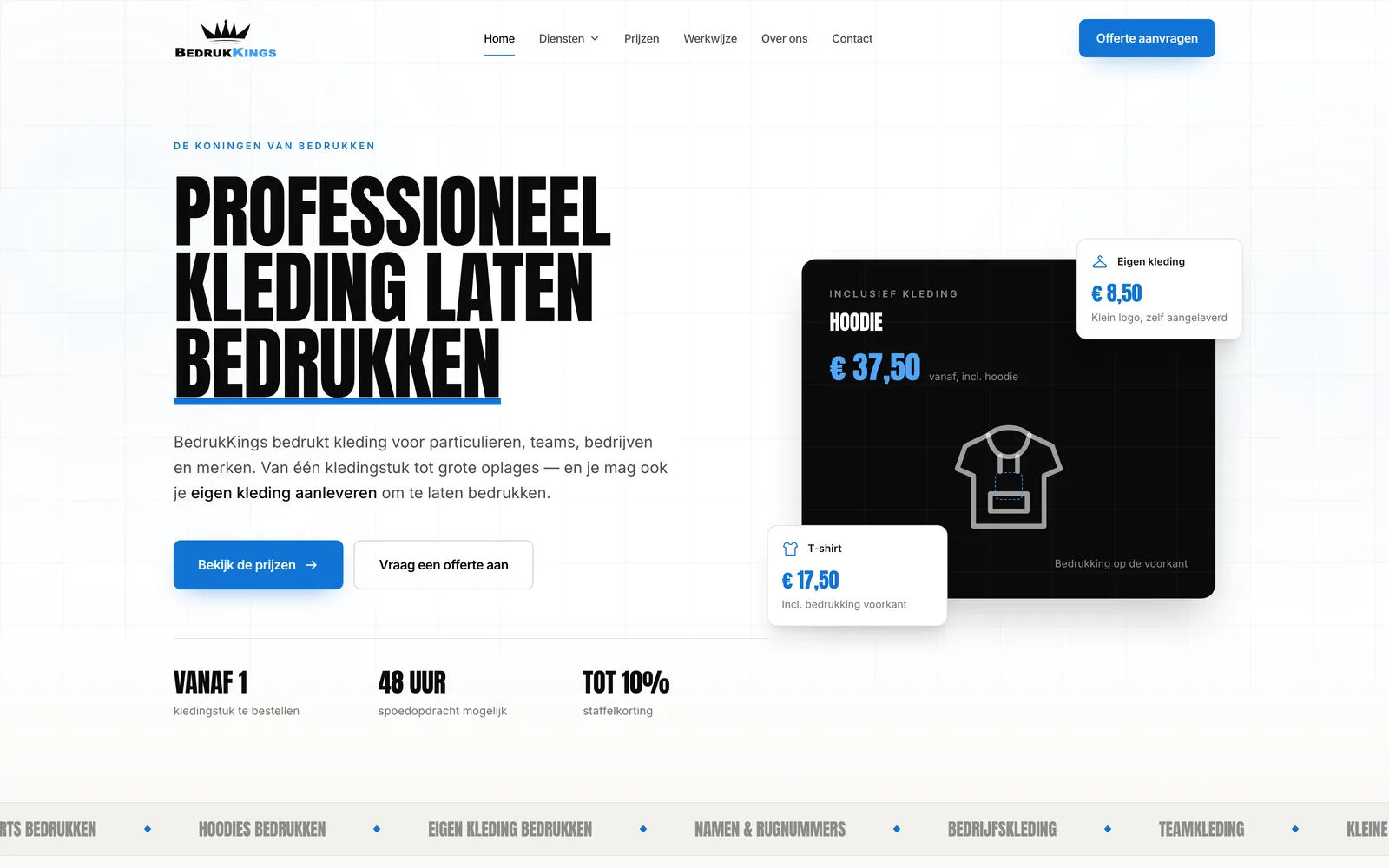 Screenshot van de website van BedrukKings